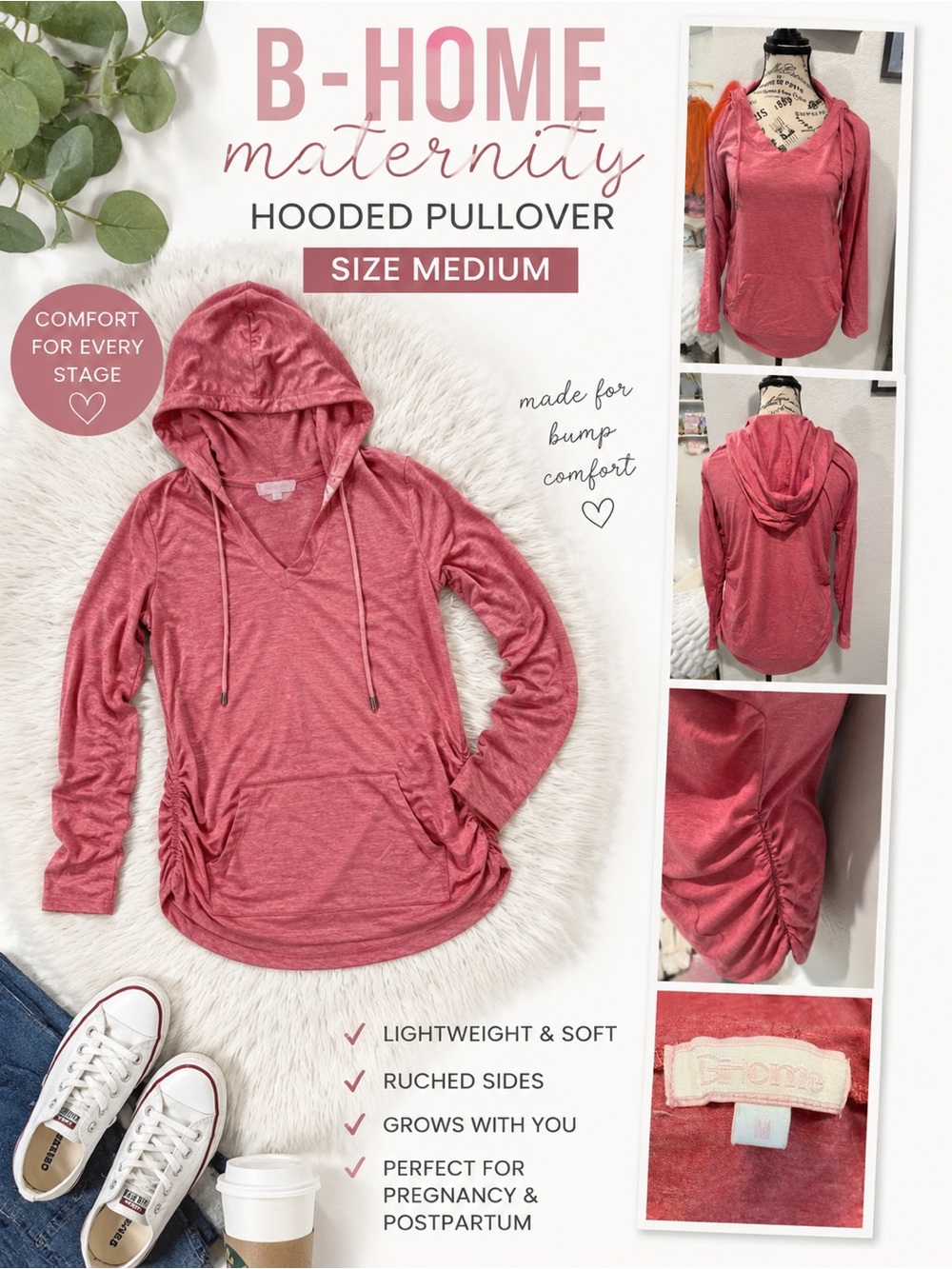 B-Home Maternity Hooded Pullover Top Medium Pink Lightweight Long Sleeve Ruched